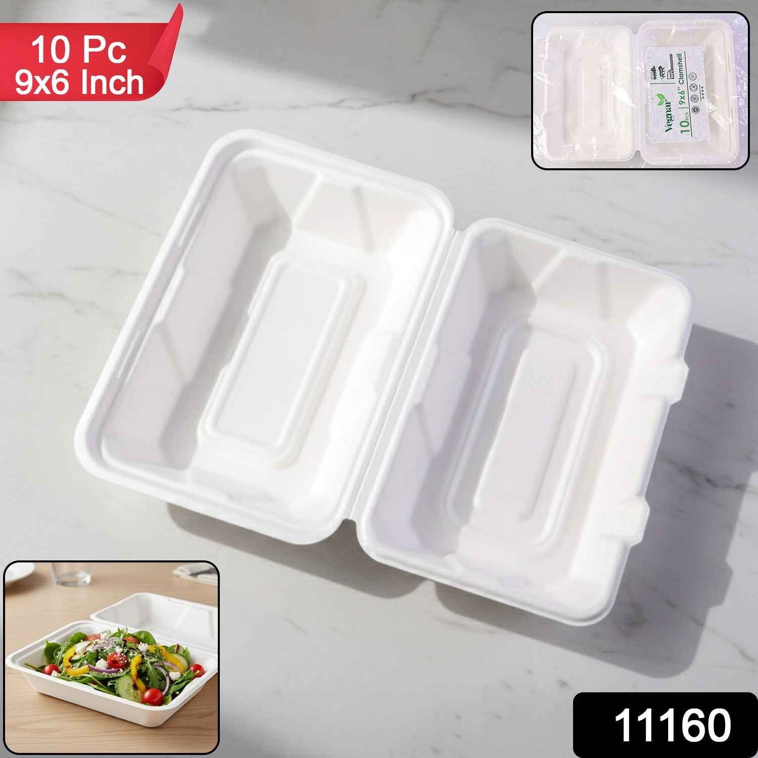Bagasse Clamshell Food Box – Eco-Friendly 9x6 Inch Disposable Set