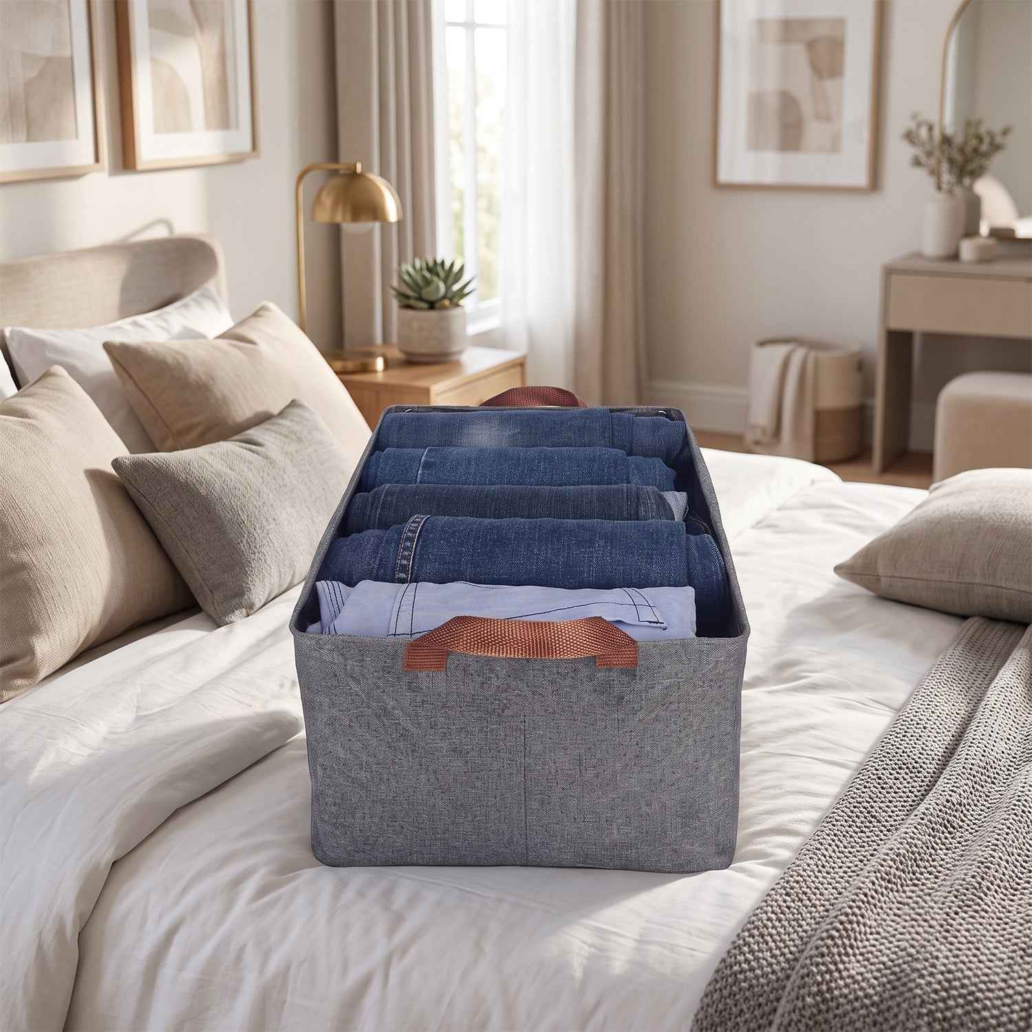 Foldable Cloth Storage Basket with Handle, Collapsible Clothes Organizer (1 Pc / 47x28 Cm)