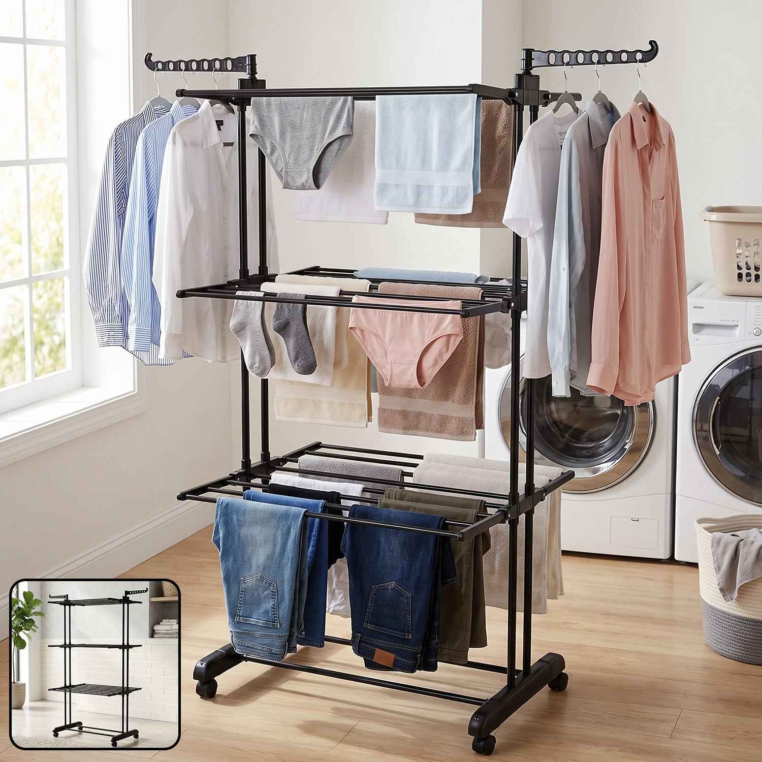 Expandable Garment Rack – 3 Layer Cloth Drying Stand with Wheels