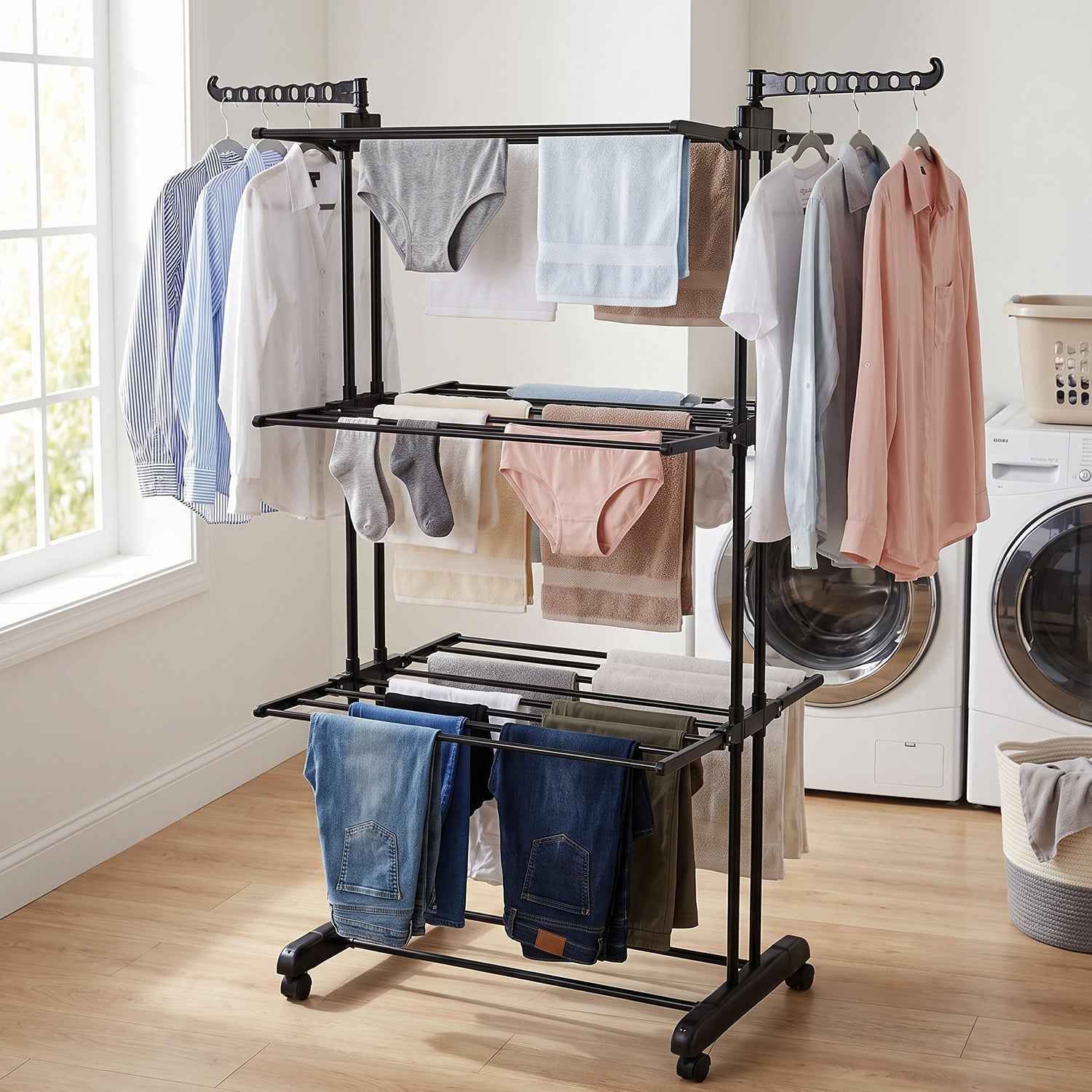 Expandable Garment Rack – 3 Layer Cloth Drying Stand with Wheels