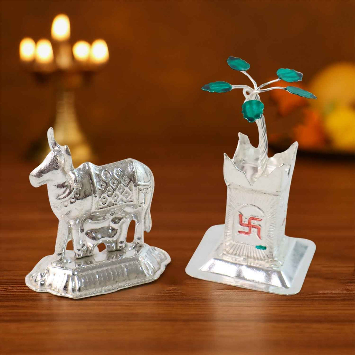 Kamdhenu Cow & Tulsi Plant Silver-Plated Pair – Divine Pooja Décor