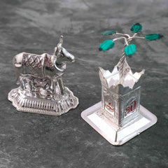 Kamdhenu Cow & Tulsi Plant Silver-Plated Pair – Divine Pooja Décor