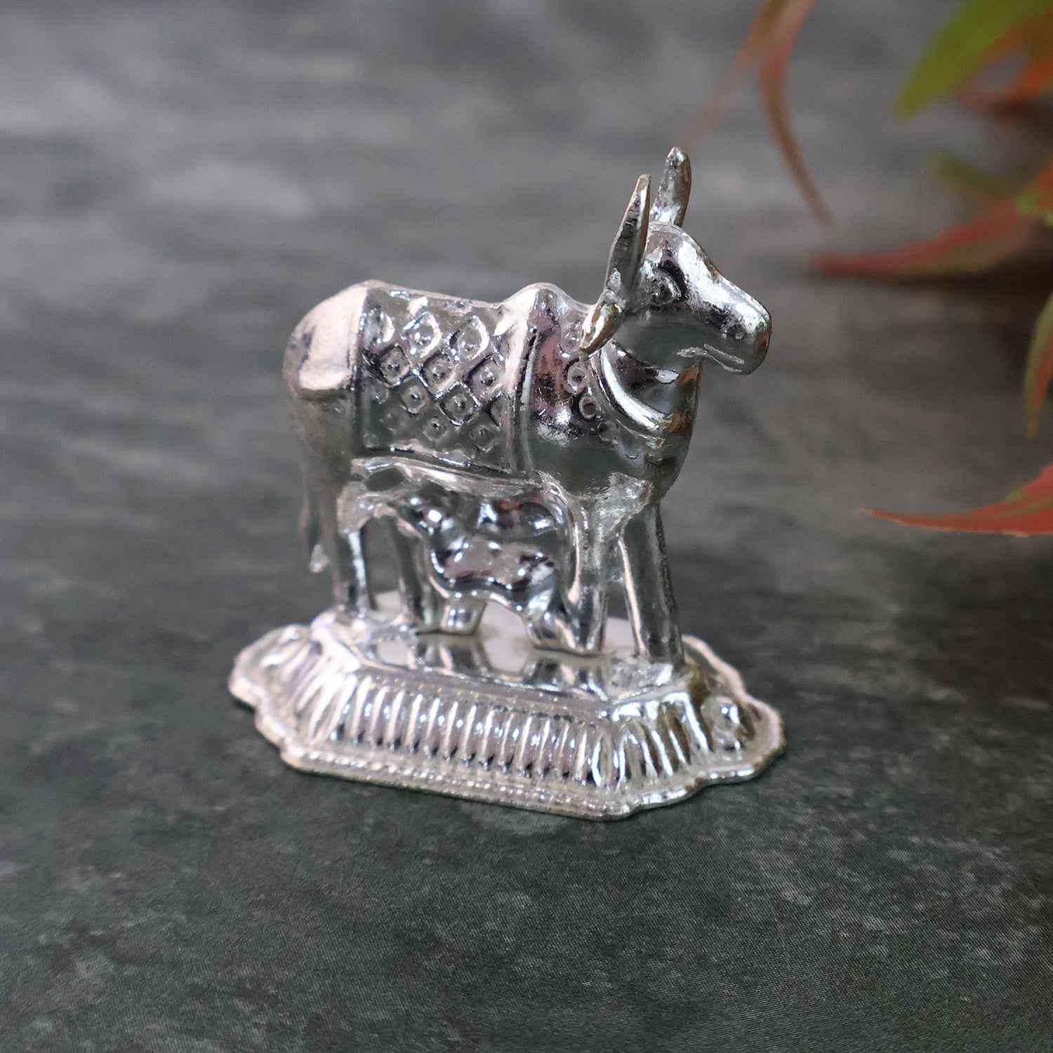 Kamdhenu Cow & Tulsi Plant Silver-Plated Pair – Divine Pooja Décor