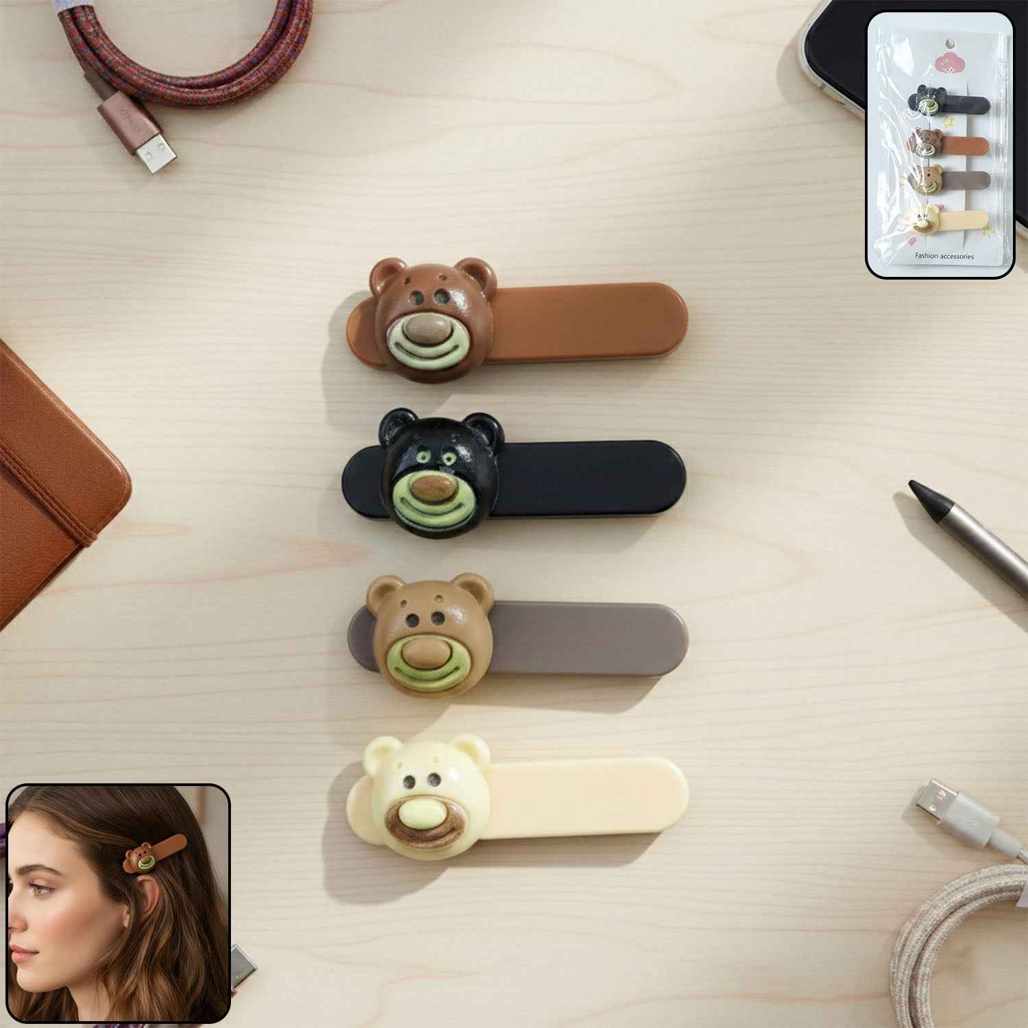 Bear Face Decorative Hair Clips Set – Playful & Secure Hold (4 Pc)