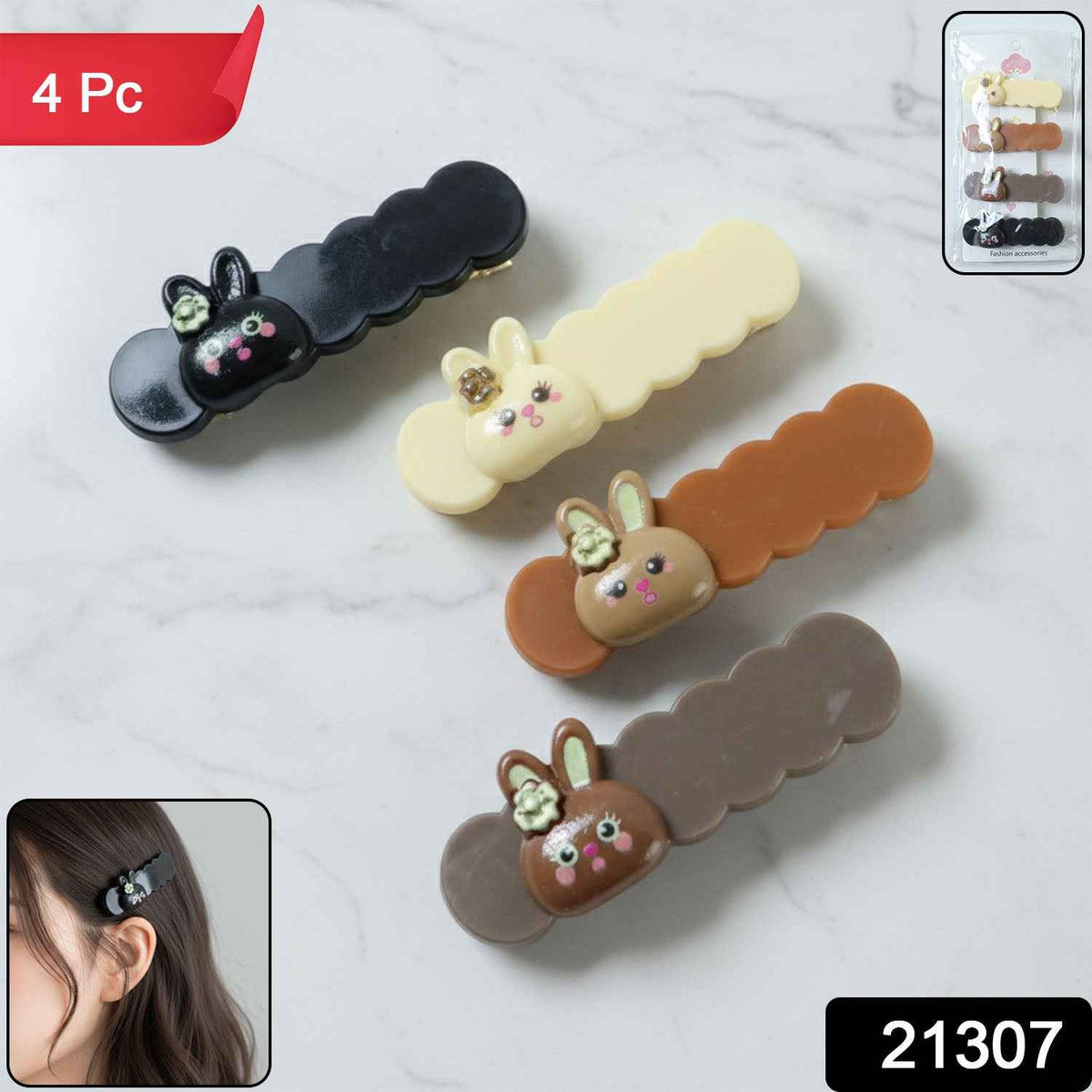 Bunny Hair Clips – Cute Cartoon Decorative Snap Set (4 Pc)