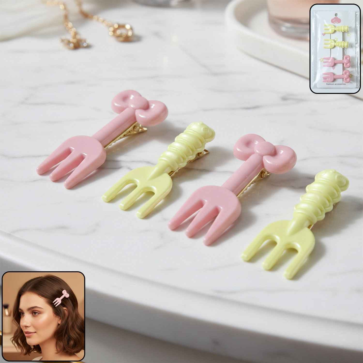 Mini Fork Hair Clips – Pastel Set of 4 for Girls & Women