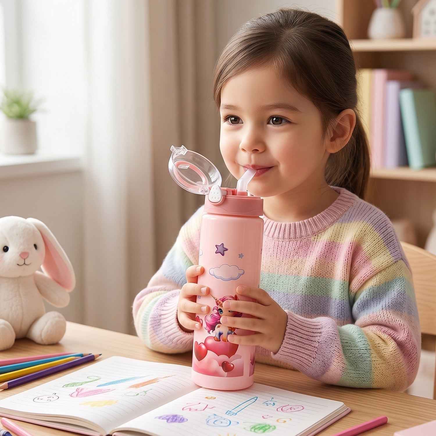 Kids Water Bottle Ð Fun Design with Flip Straw Lid for Easy Drinking