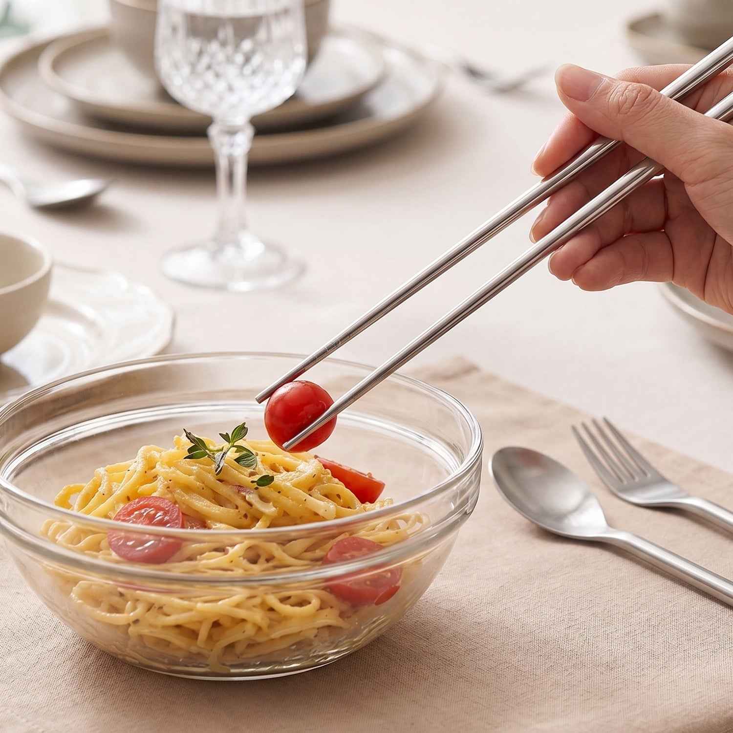 4-in-1 Portable Cutlery Set with Pouch, Steel Spoon Fork and Chopsticks (1 Set)