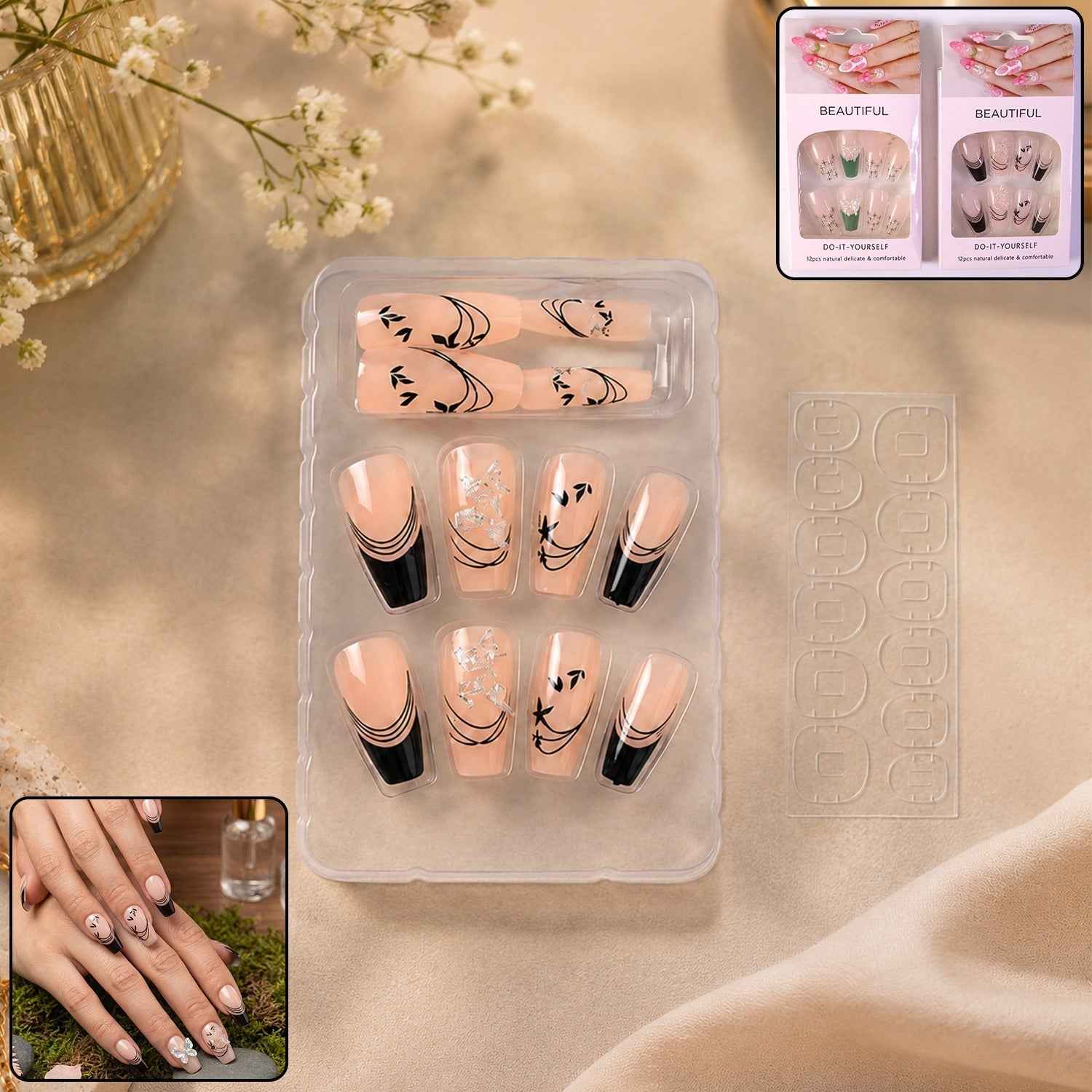 Burgundy Artificial Press-On Nails – Reusable Floral Set