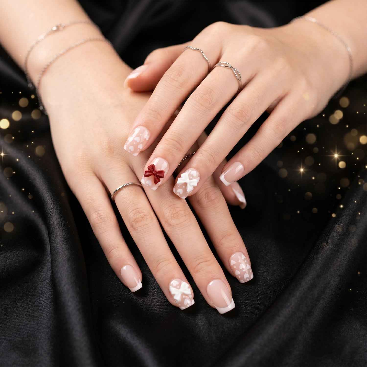 Press-On Nail Tips – Glitter 3D Floral Design with Strong Glue