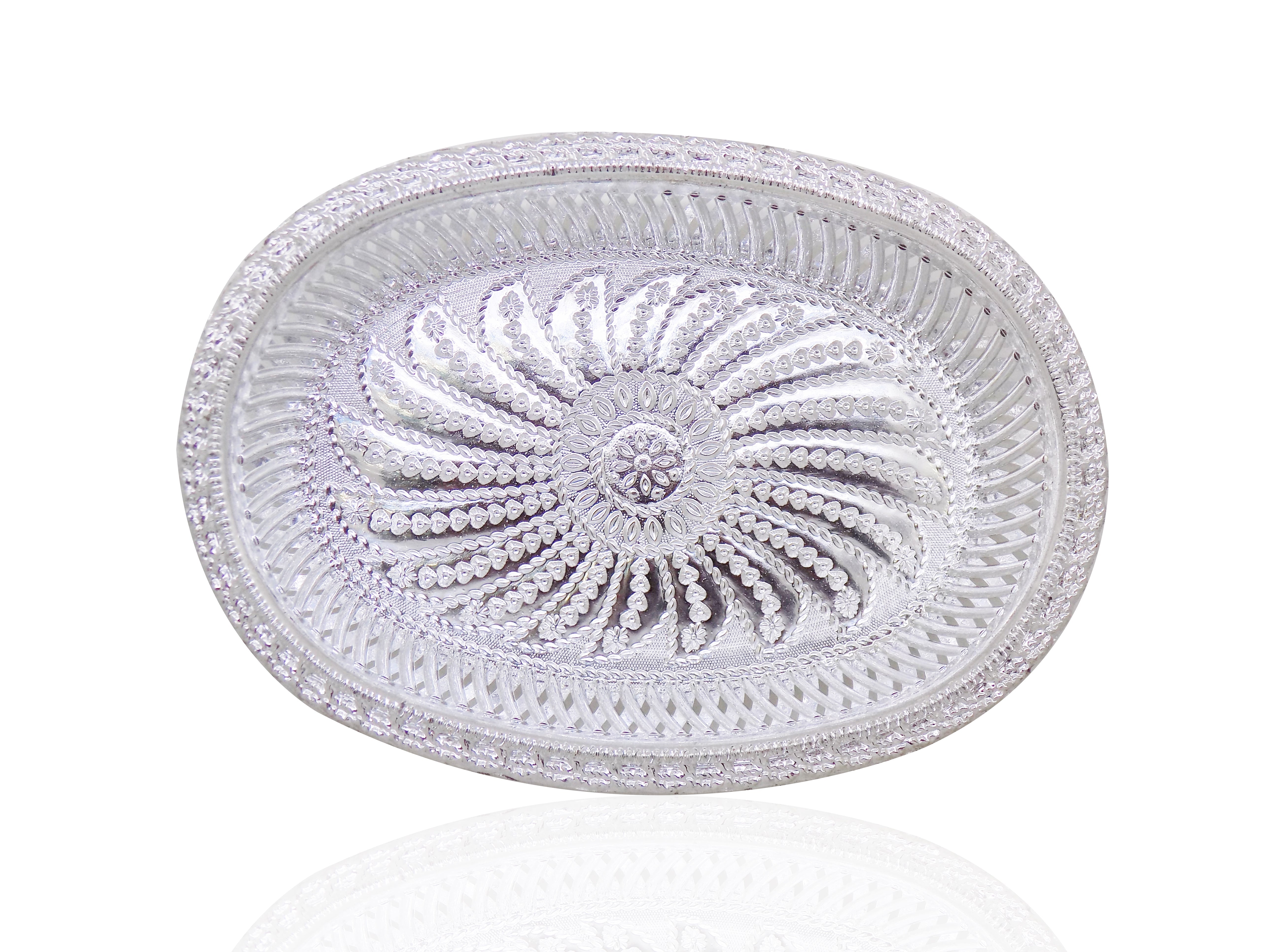 Top-down view of the oval silver serving tray, ideal for festive spreads.