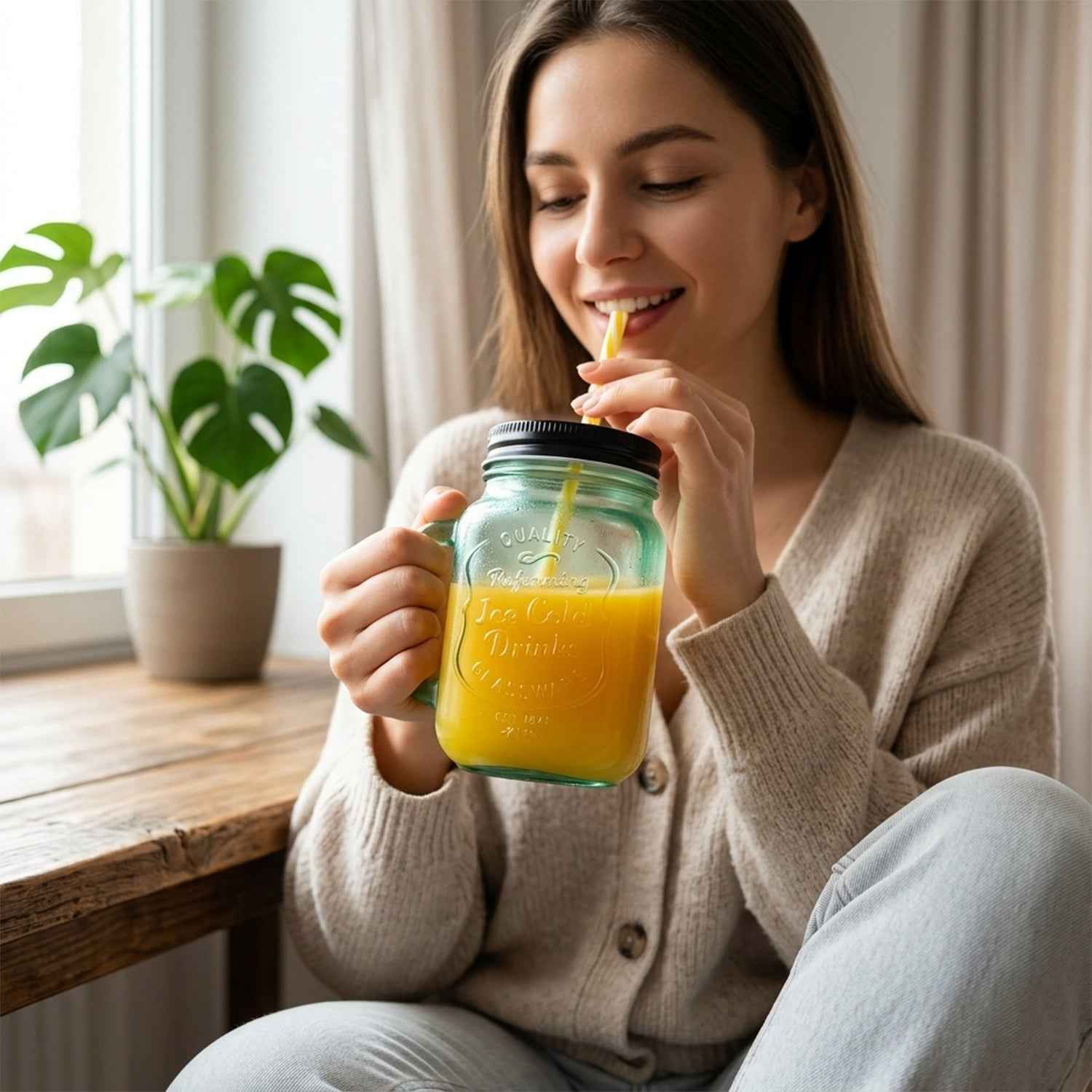 Mason Jar with Handle – Glass Drinking Cup & BPA-Free Straw | Indo Glow
