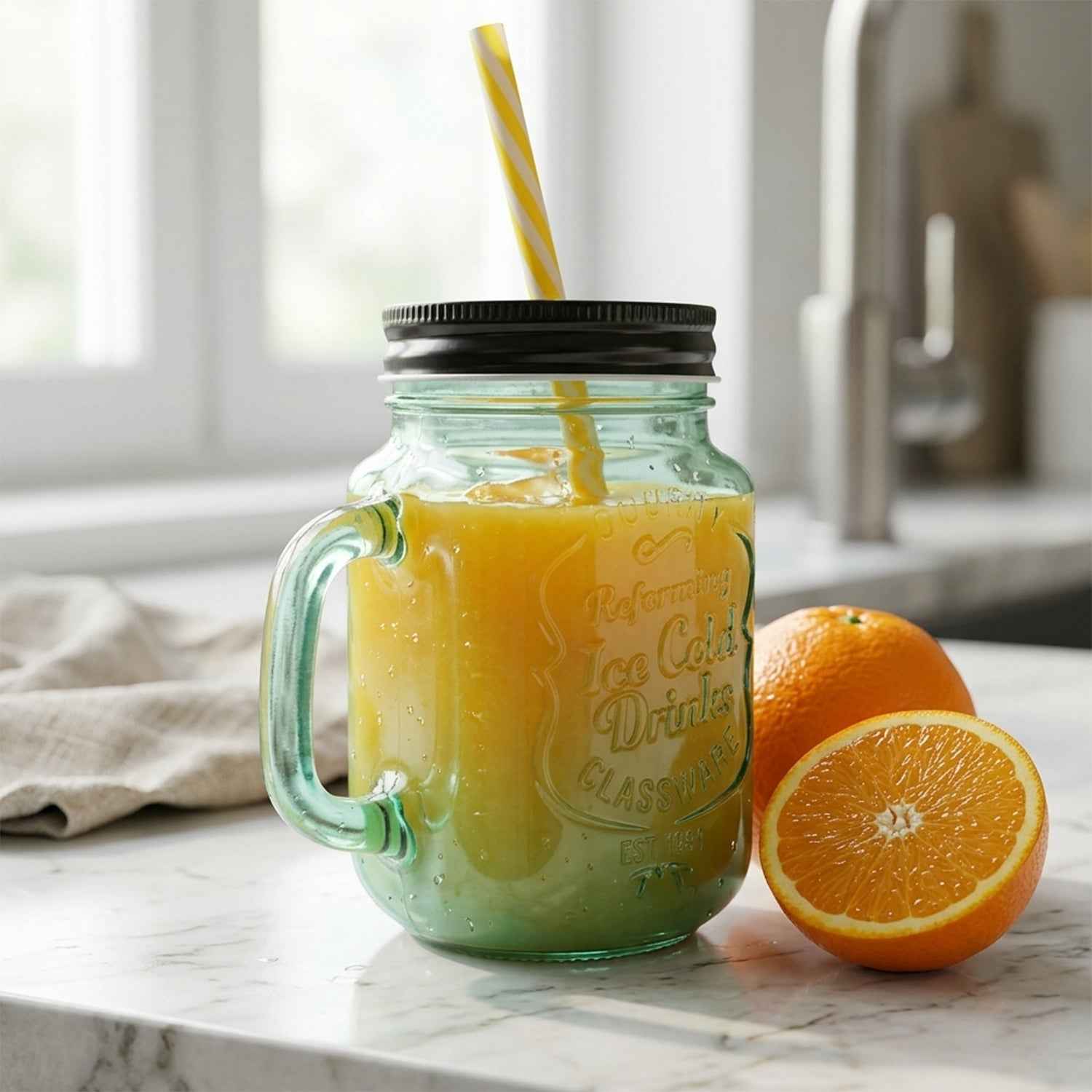 Mason Jar with Handle – Glass Drinking Cup & BPA-Free Straw | Indo Glow