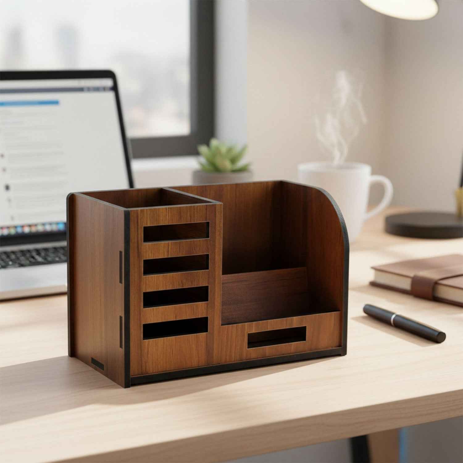 Wooden Desk Organizer – Multi-Compartment Office Storage Stand