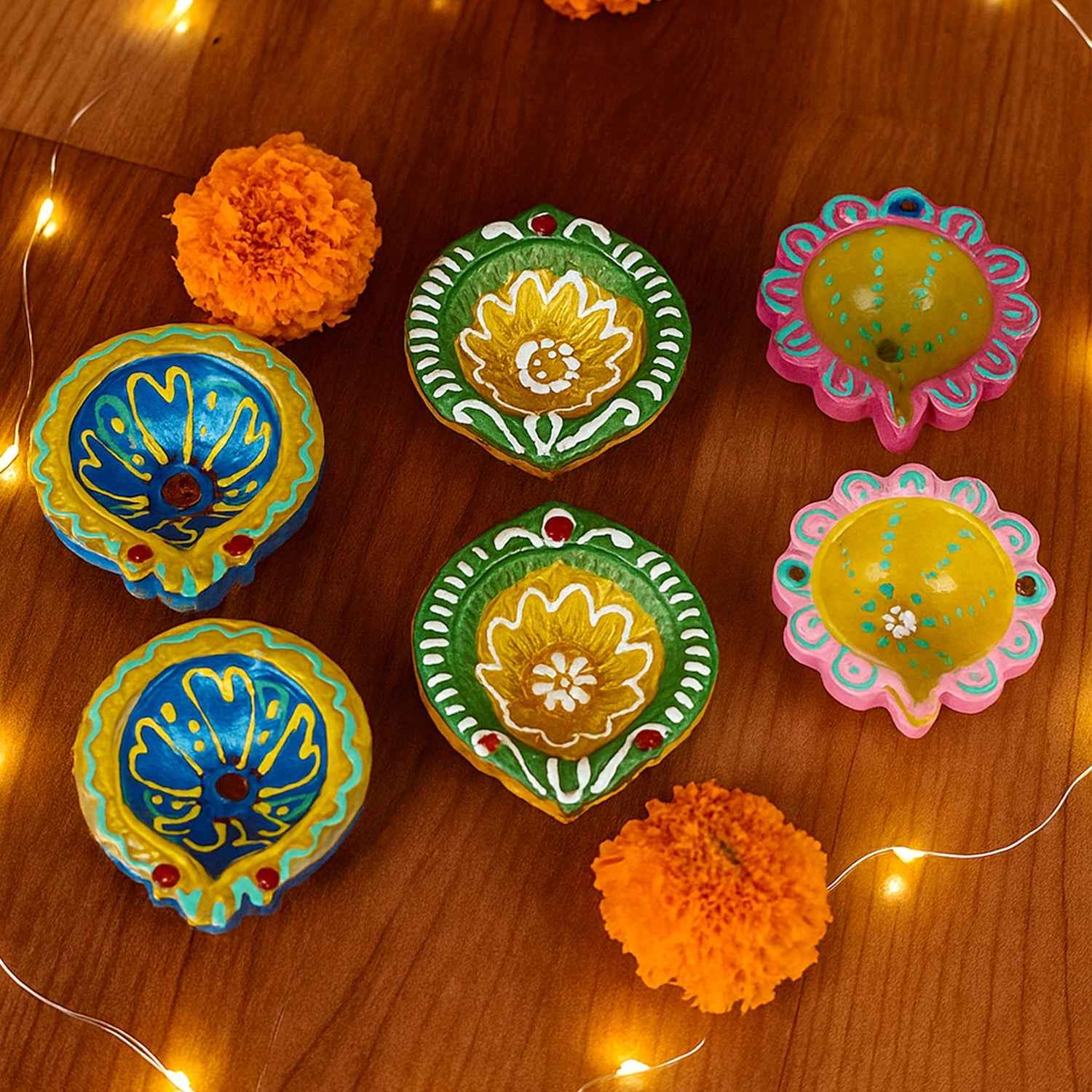 Clay Diya Set – Hand-Painted, Multicolor Decorative Lamps (6 Pc)