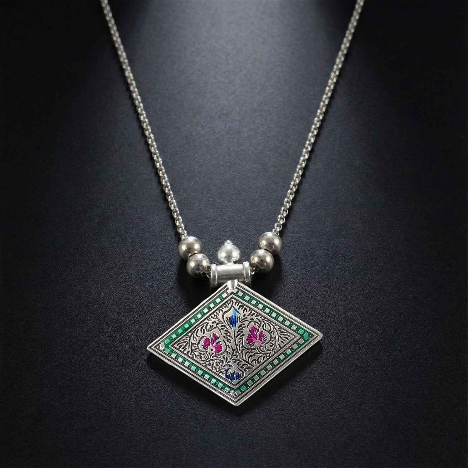 Traditional Square Motif Oxidised Silver Pendant Necklace – Elegant Ethnic Style