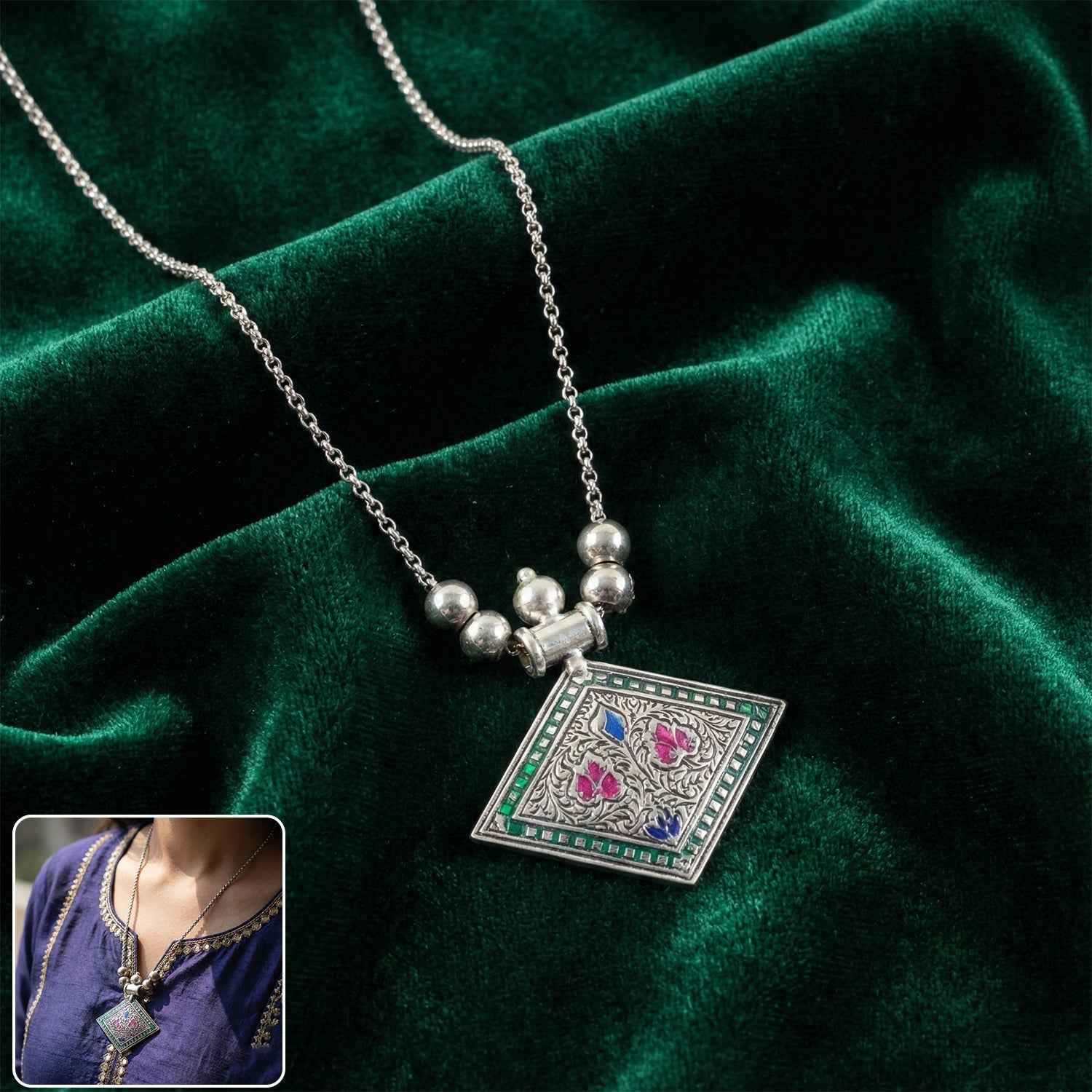 Traditional Square Motif Oxidised Silver Pendant Necklace – Elegant Ethnic Style