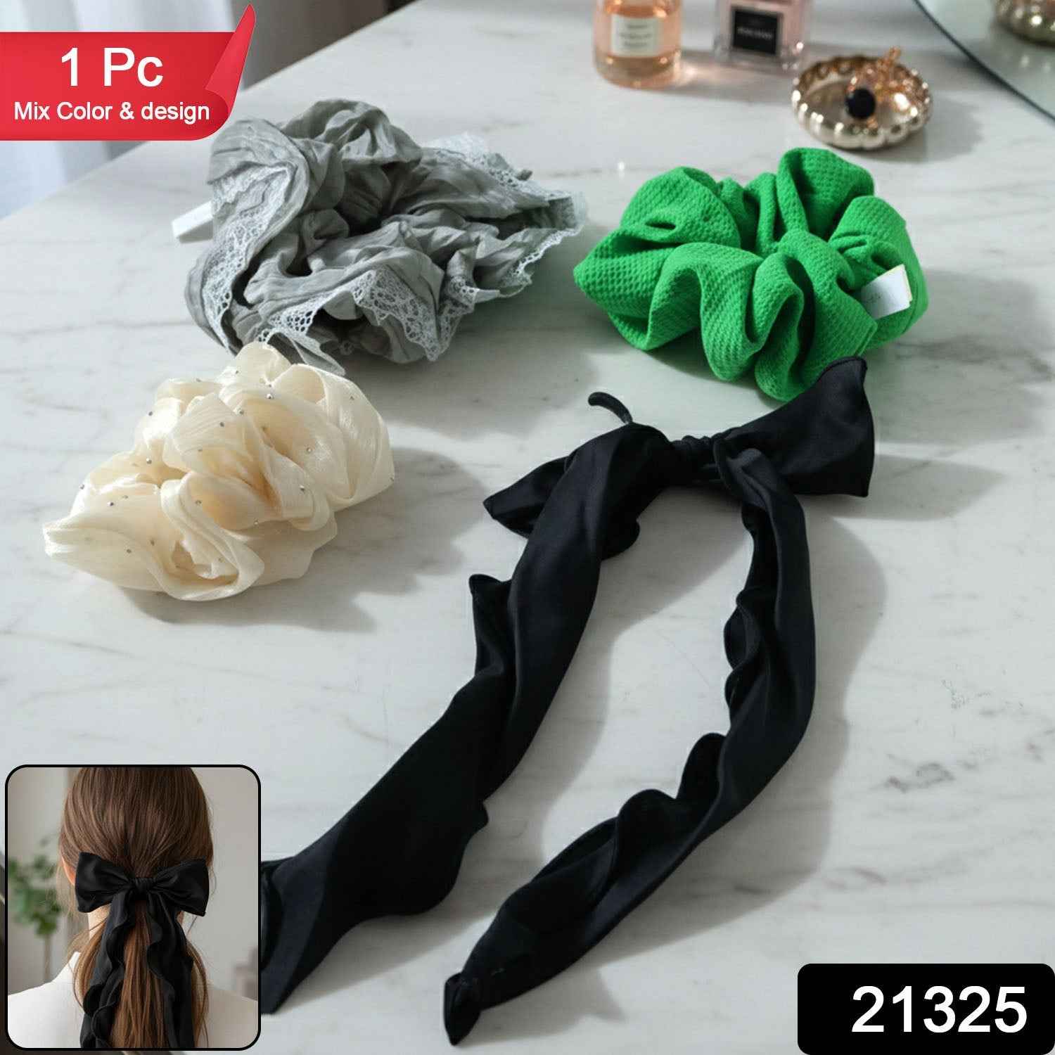 Fabric Hair Scrunchie with Bow Tie – Soft, Stylish Hair Accessory