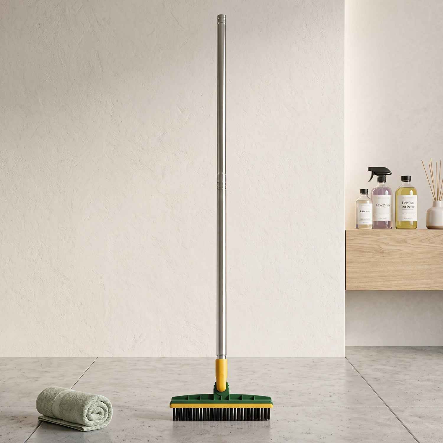 2 In 1 Long Handle Floor Scrubbing Brush with Wiper for Bathroom (1 Pc)