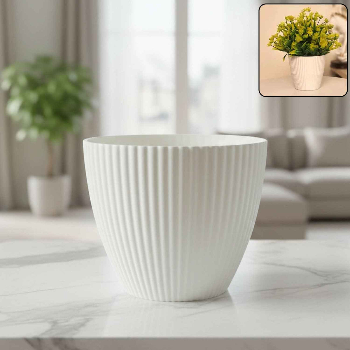 White Ribbed Flower Pot – Stylish Modern Indoor Planter
