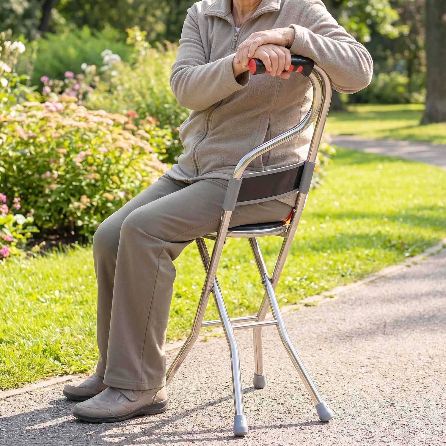 Folding Walking Stick with Seat and Backrest 4 Leg Cane Stool Chair (1 Pc)