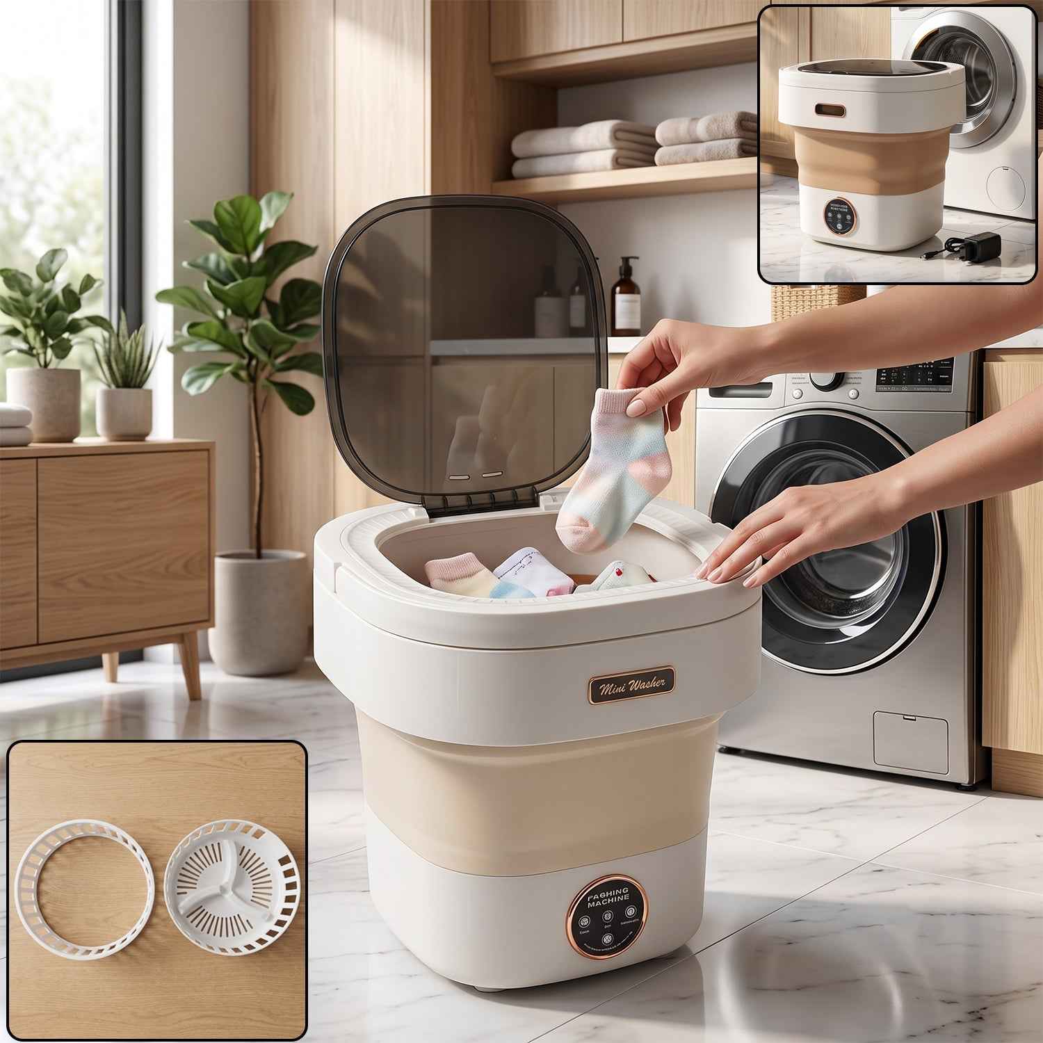 Portable Folding Washing Machine, Mini Collapsible Washer with Spin Basket (1 Pc)