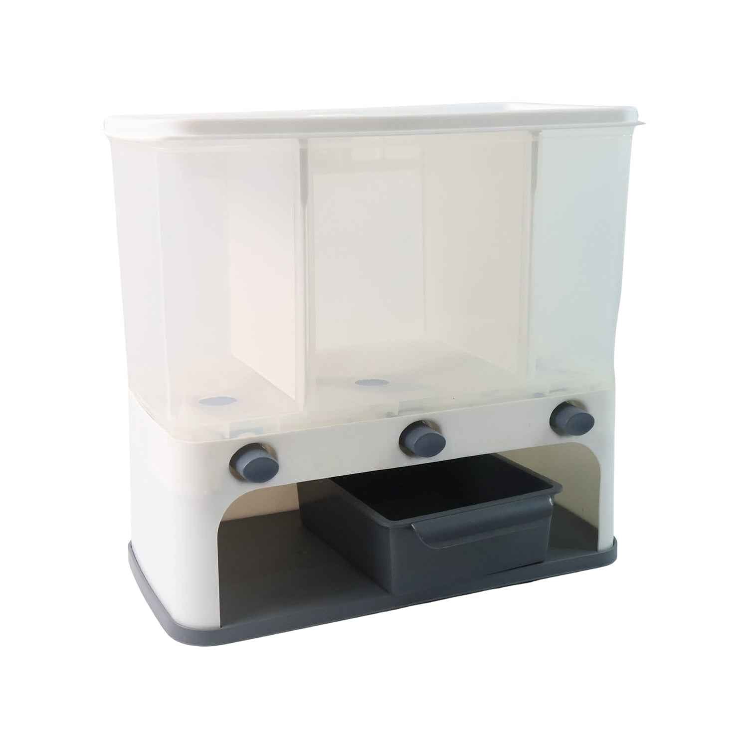 User dispensing rice from the multi-compartment wall mount food dispenser into a bowl.