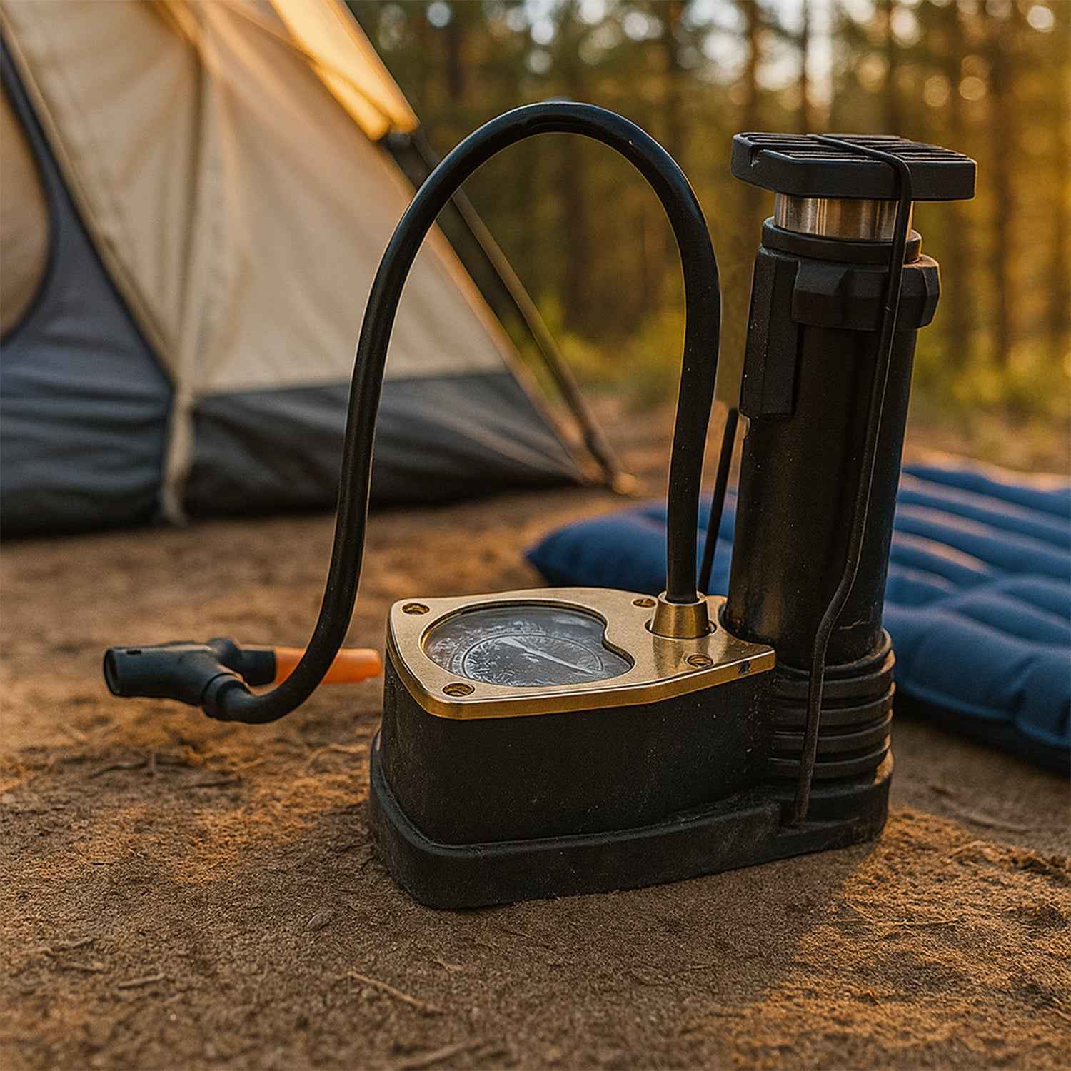 Compact and portable foot air pump from a side angle, ready for storage.