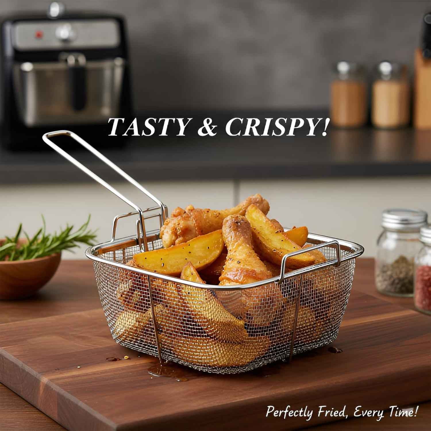 Deep Fryer Basket – Stainless Steel with Long Handle for Safe Frying