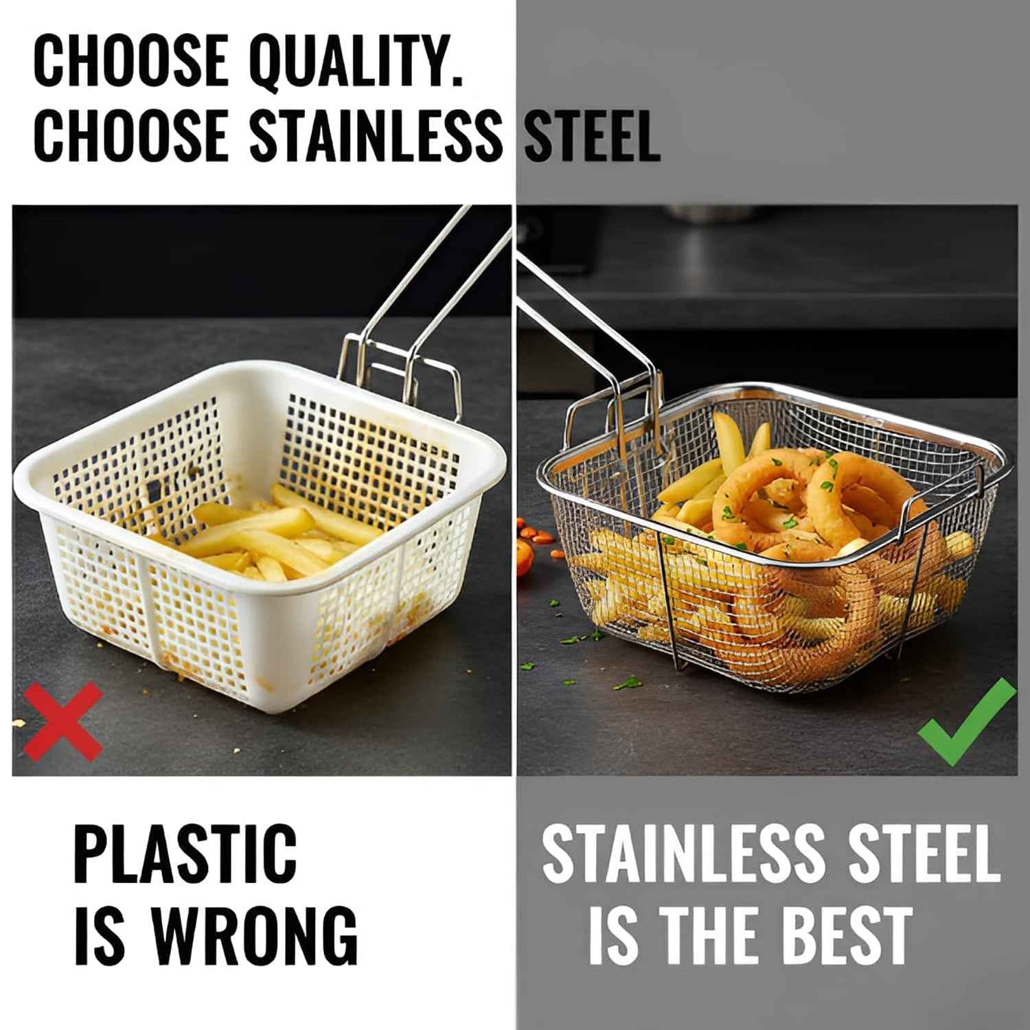Deep Fryer Basket – Stainless Steel with Long Handle for Safe Frying