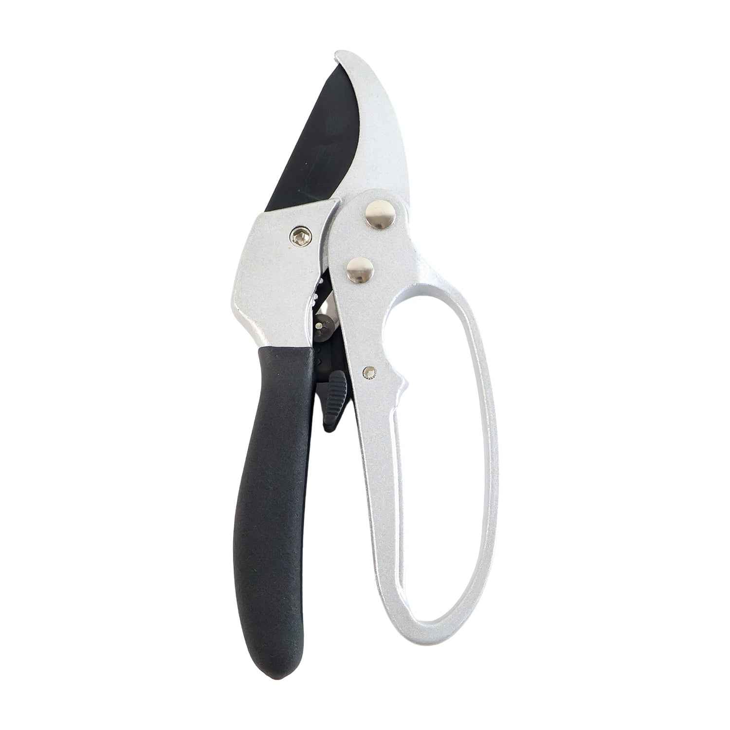 Gardening pruning shears actively cutting a small tree branch with precision.