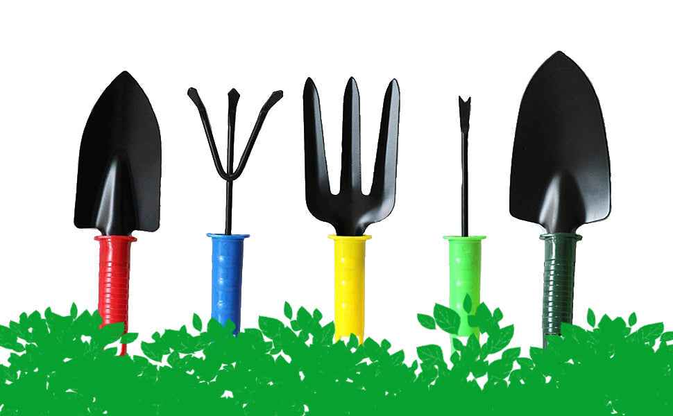 A complete 5-piece gardening hand tools set laid out with a hand cultivator, two trowels, a garden fork, and a hand weeder.