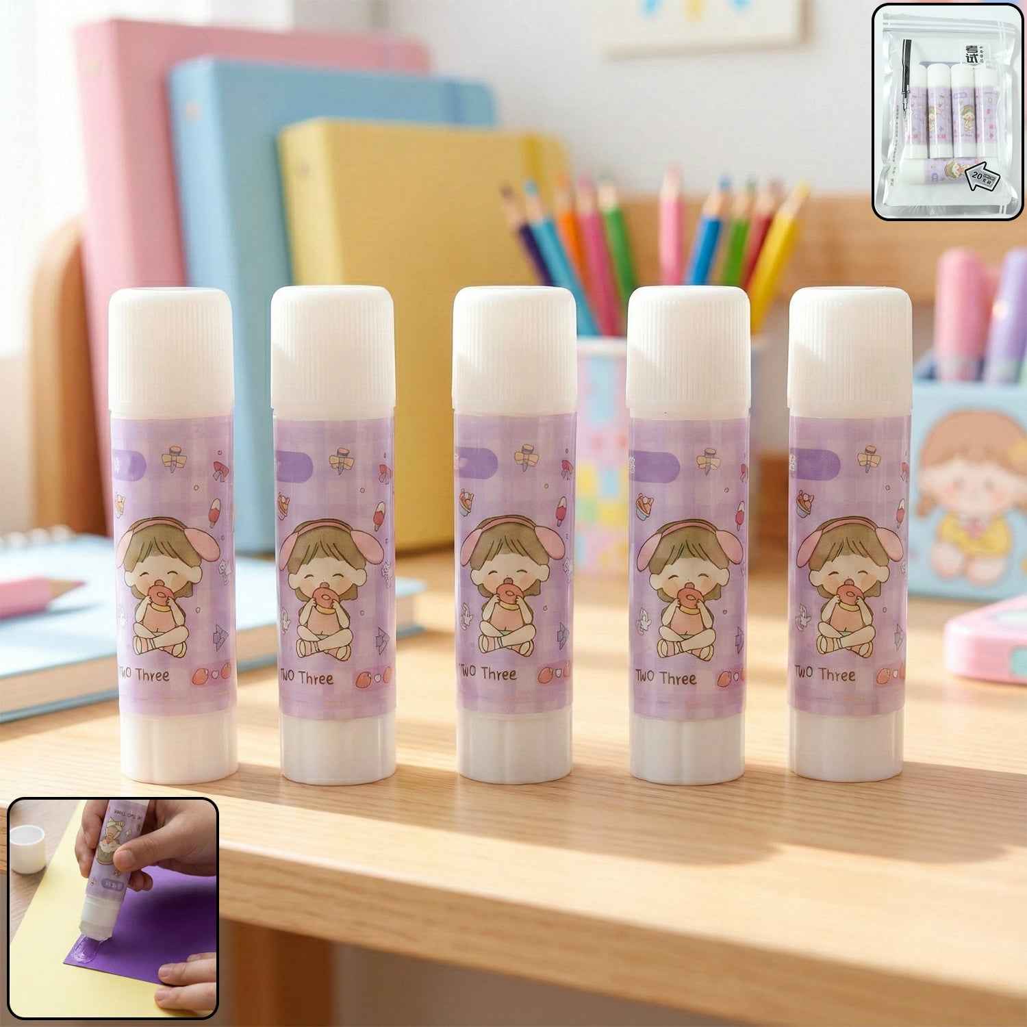 Solid Glue Stick Pack of 5 – Cartoon Design, Mess-Free Adhesive