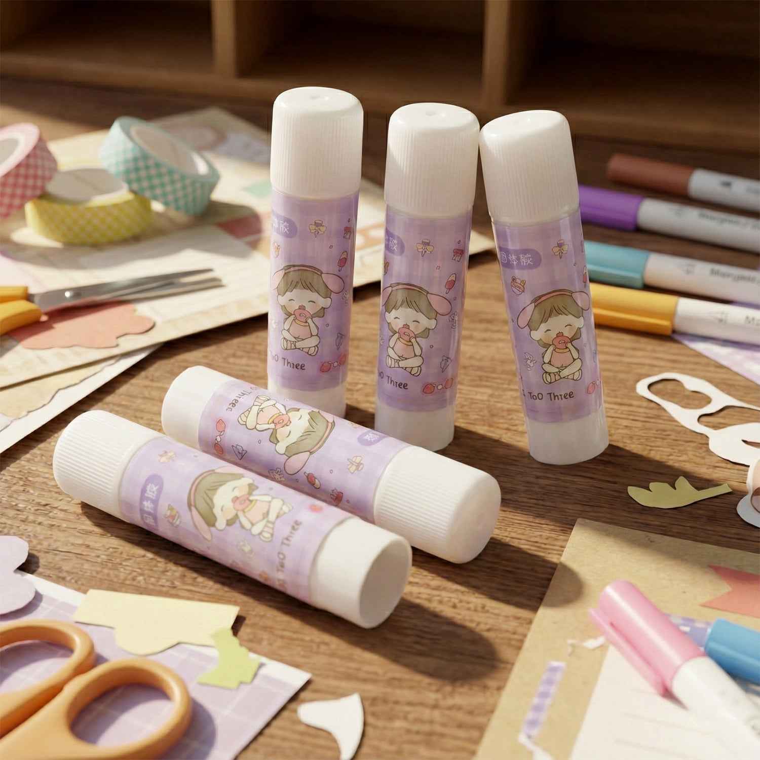 Solid Glue Stick Pack of 5 – Cartoon Design, Mess-Free Adhesive
