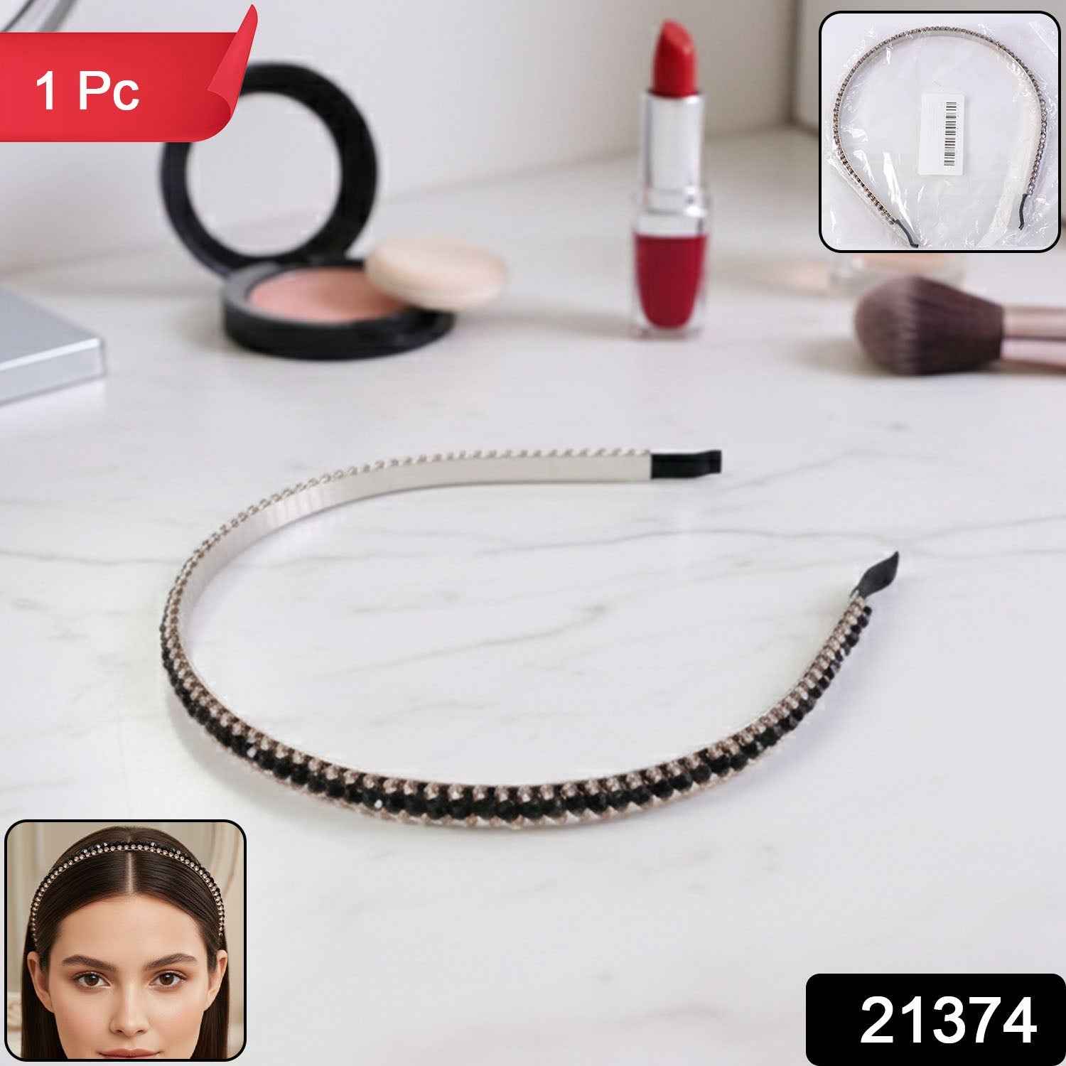 Black Crystal Studded Metal Hair Band – Elegant Party Wear
