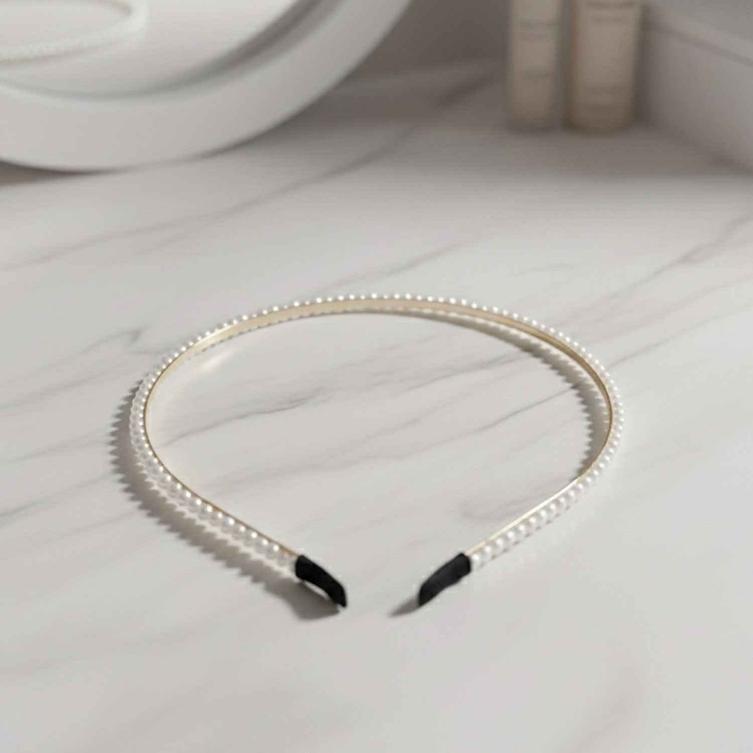 Pearl Beaded Hair Band – Elegant Slim Golden Metal Headband