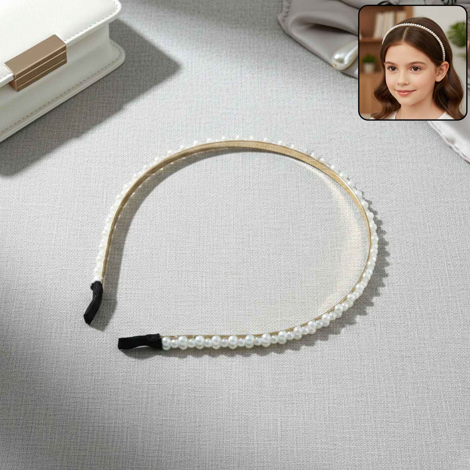 Pearl Beaded Hair Band – Elegant Slim Golden Metal Headband