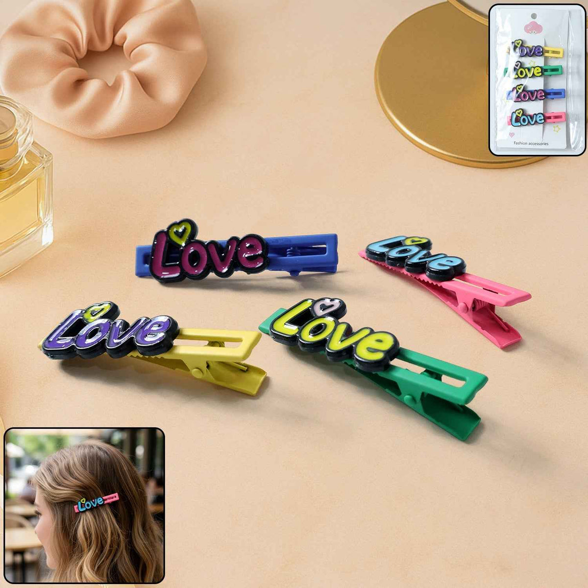 Decorative Hair Clip Set – Stylish Text Design, Pack of 4