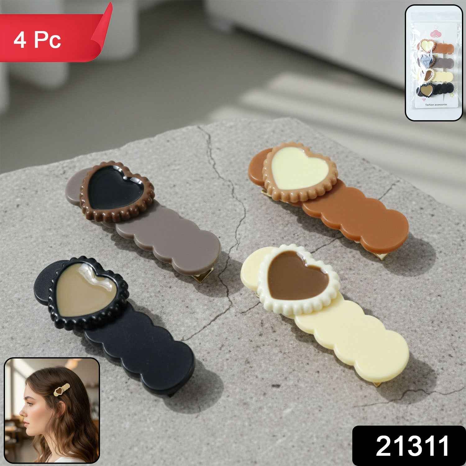 Heart Shape Hair Clips Set – Stylish Lightweight Snap Clips (4 Pc)