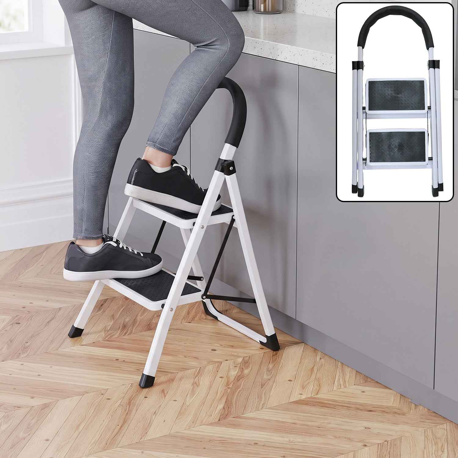 2 Step Folding Ladder with Padded Handrail Anti Slip Steel Step Stool (1 Pc)