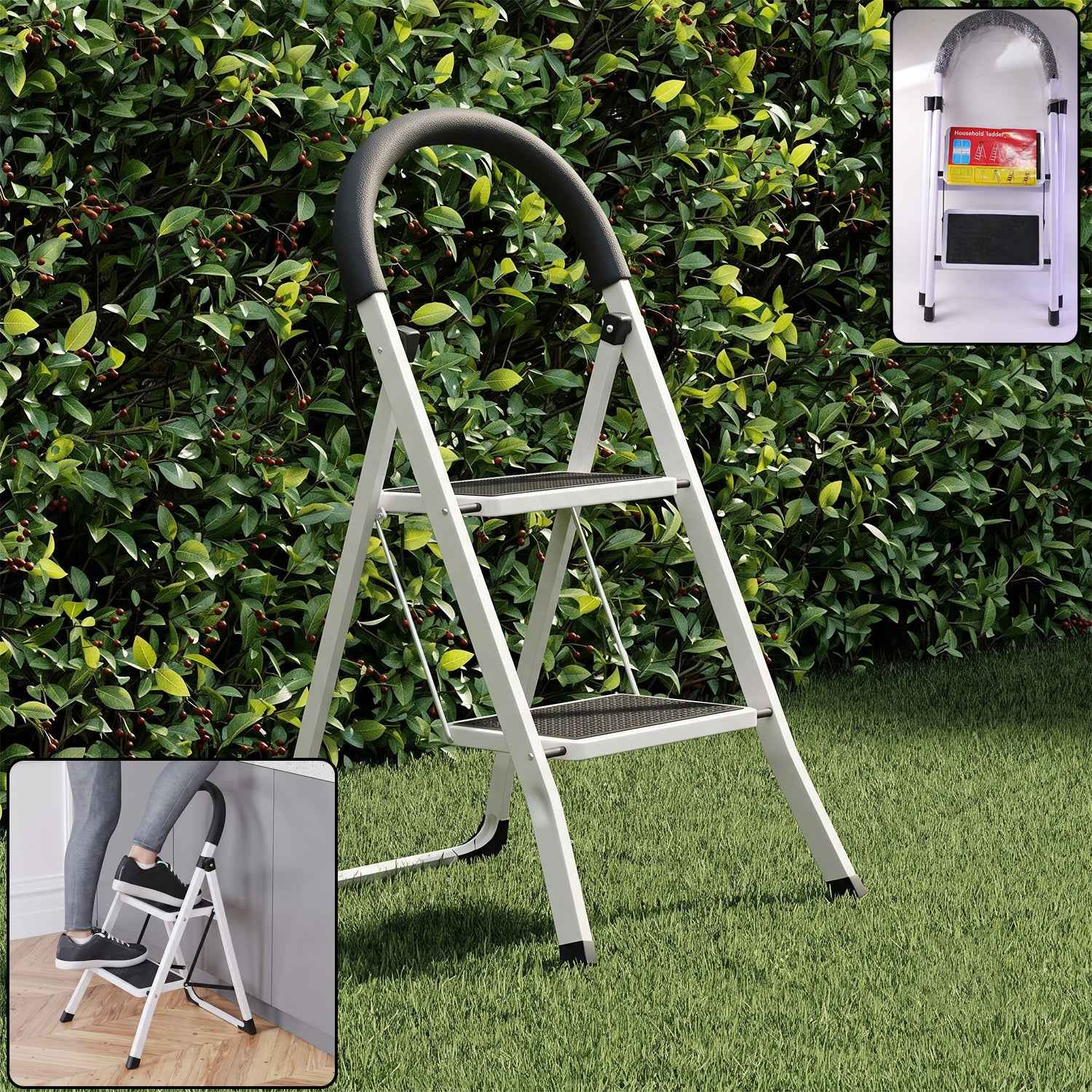 2 Step Folding Ladder with Padded Handrail Anti Slip Steel Step Stool (1 Pc)