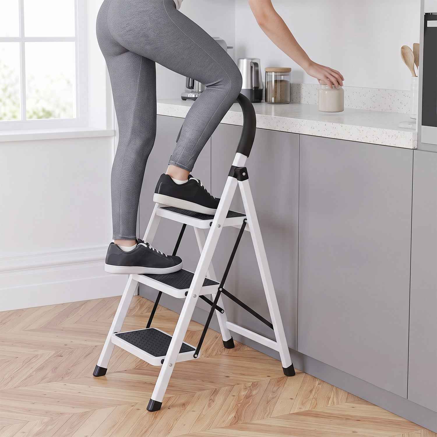 3 Step Folding Ladder with Padded Handrail Anti Slip Steel Step Stool (1 Pc)