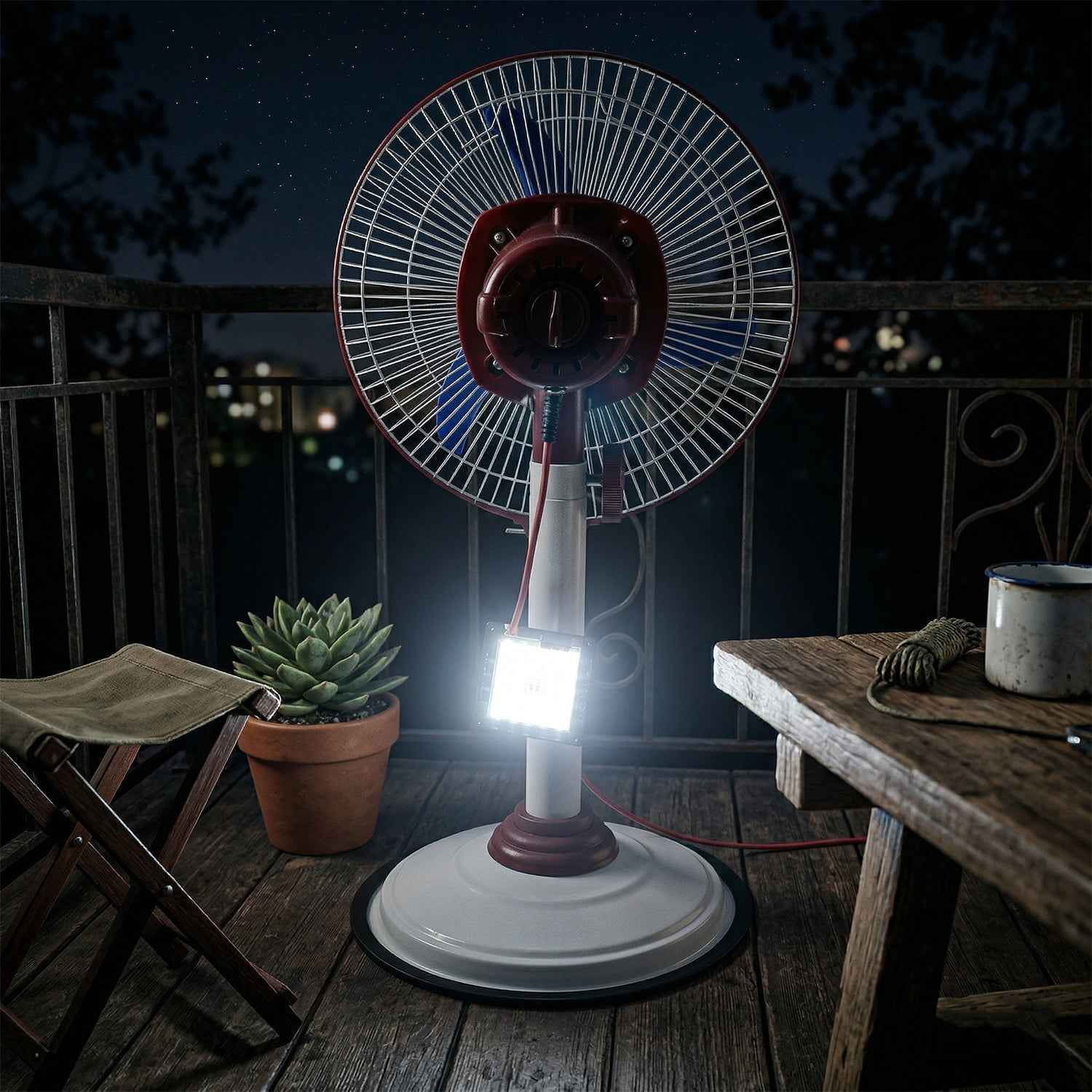 Pedestal Fan – Adjustable Height with LED Light & Rechargeable Power