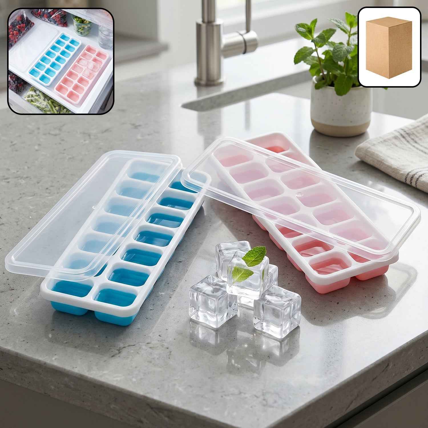 Plastic Ice Cube Tray with Lid Ð Hygienic & Easy Release, Pack of 2