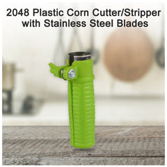 Ergonomic corn stripper tool in action, showcasing its sharp stainless steel blades.