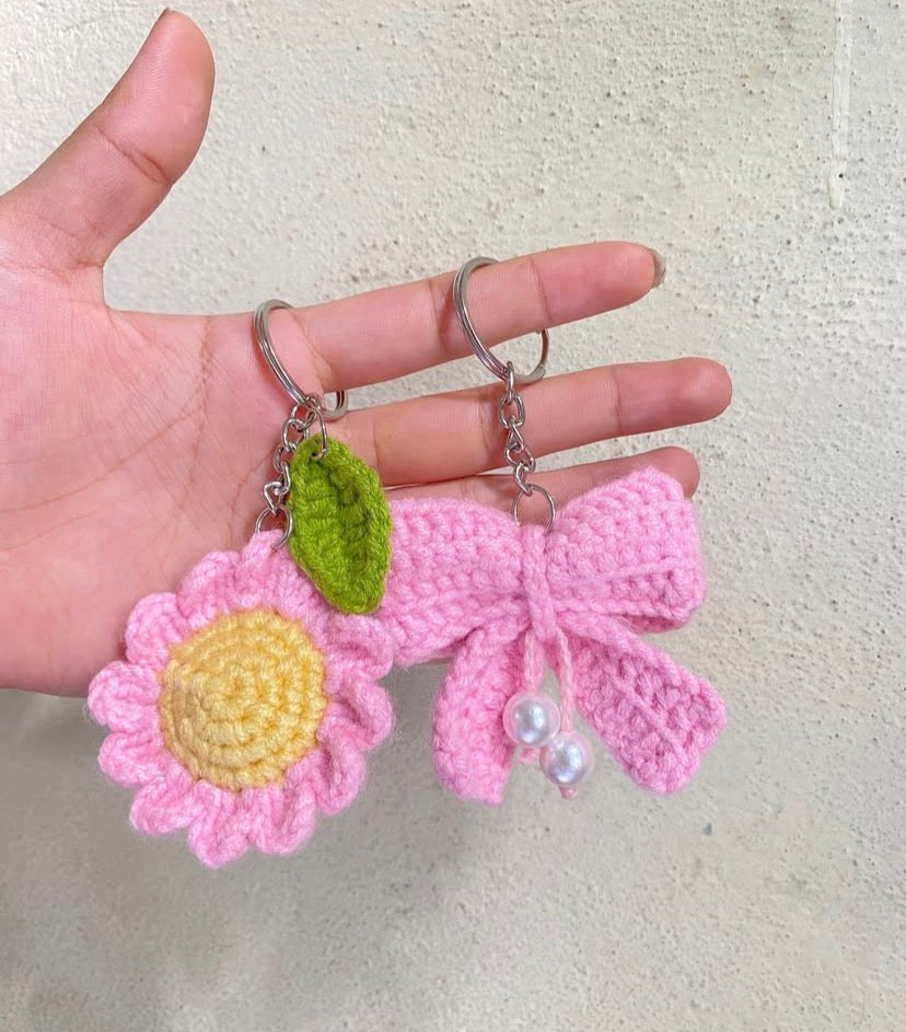 Crochet Cute pink bow tie key chain