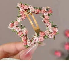 Handmade Embroidered Floral Hair Clips with Pink Roses and Green leaves