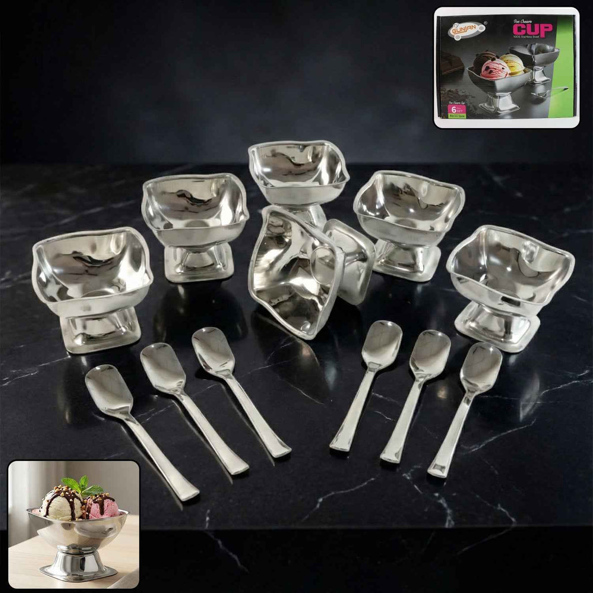 Stainless Steel Ice Cream Cup Set – Elegant 6-Piece Dessert Bowls