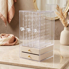 Acrylic Jewelry Organizer Box, 3 Hanging Panels and 2 Drawers for Earrings (1 Set)
