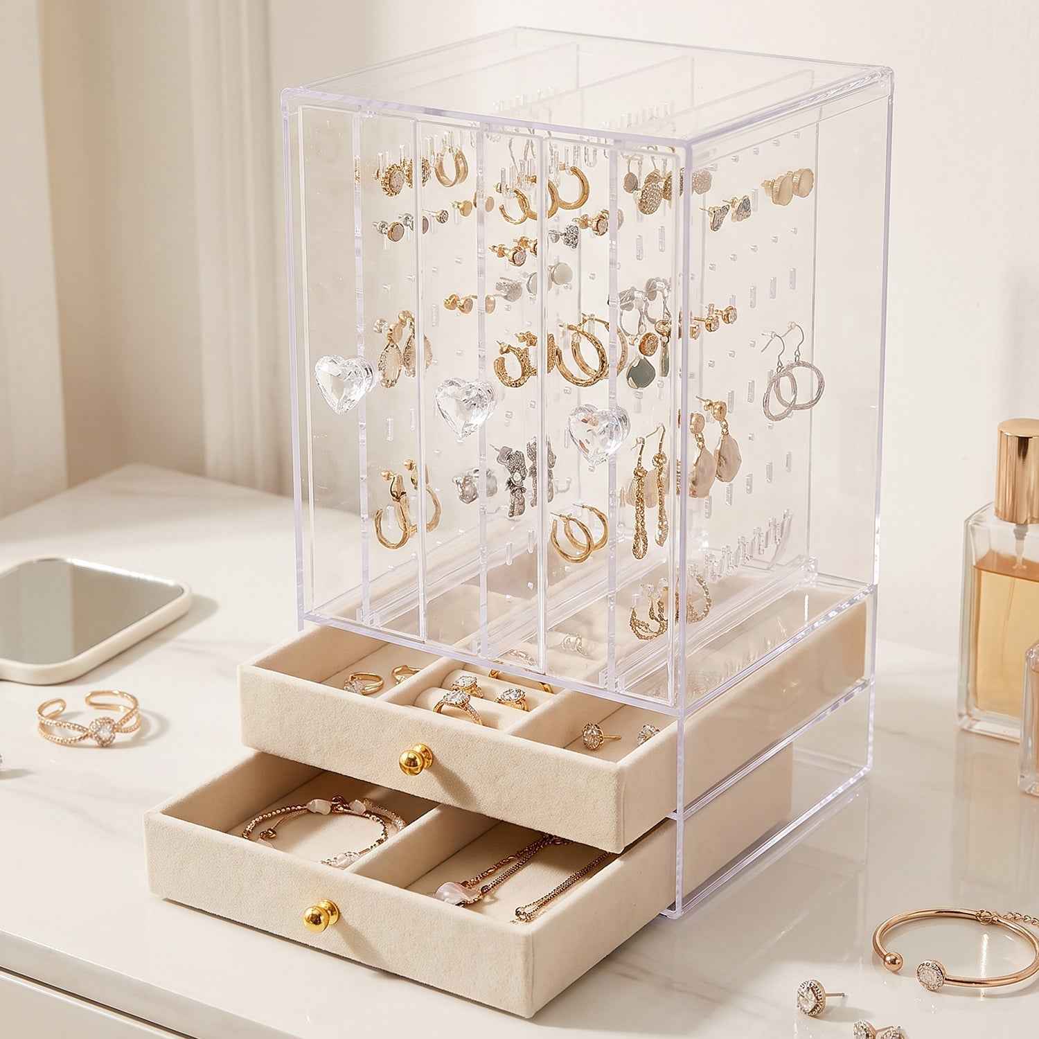 Acrylic Jewelry Organizer Box, 3 Hanging Panels and 2 Drawers for Earrings (1 Set)